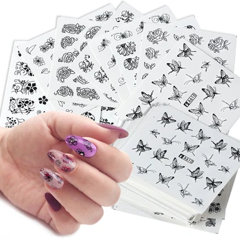 

40pcs Black Nails Sticker Art Set Water Decal Lace Flower Butterfly Slider Design Nail Tattoos Wraps Decoration SAA577-616