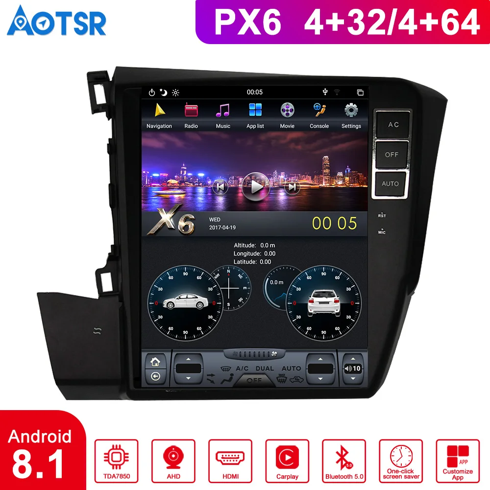 Top PX6 car radio 1 din android 8.1 Tesla style screen For Honda Civic 2012-2015 car android dashboard multimedia head unit player 0