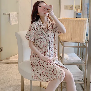 

2020 Summer Short Sleeve Cotton Mini Dress Nightgowns for Women Korean Print Sleepwear Night Dress Nightdress Home Dress Nighty