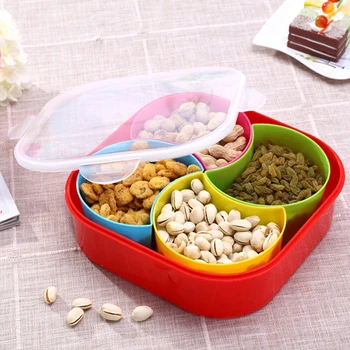 

4 Grids Strawing Candy Snack Boxes Plastic Box Creative Flower/Round/Square Shape Fruit Food Tableware Kitchen Storage Tools