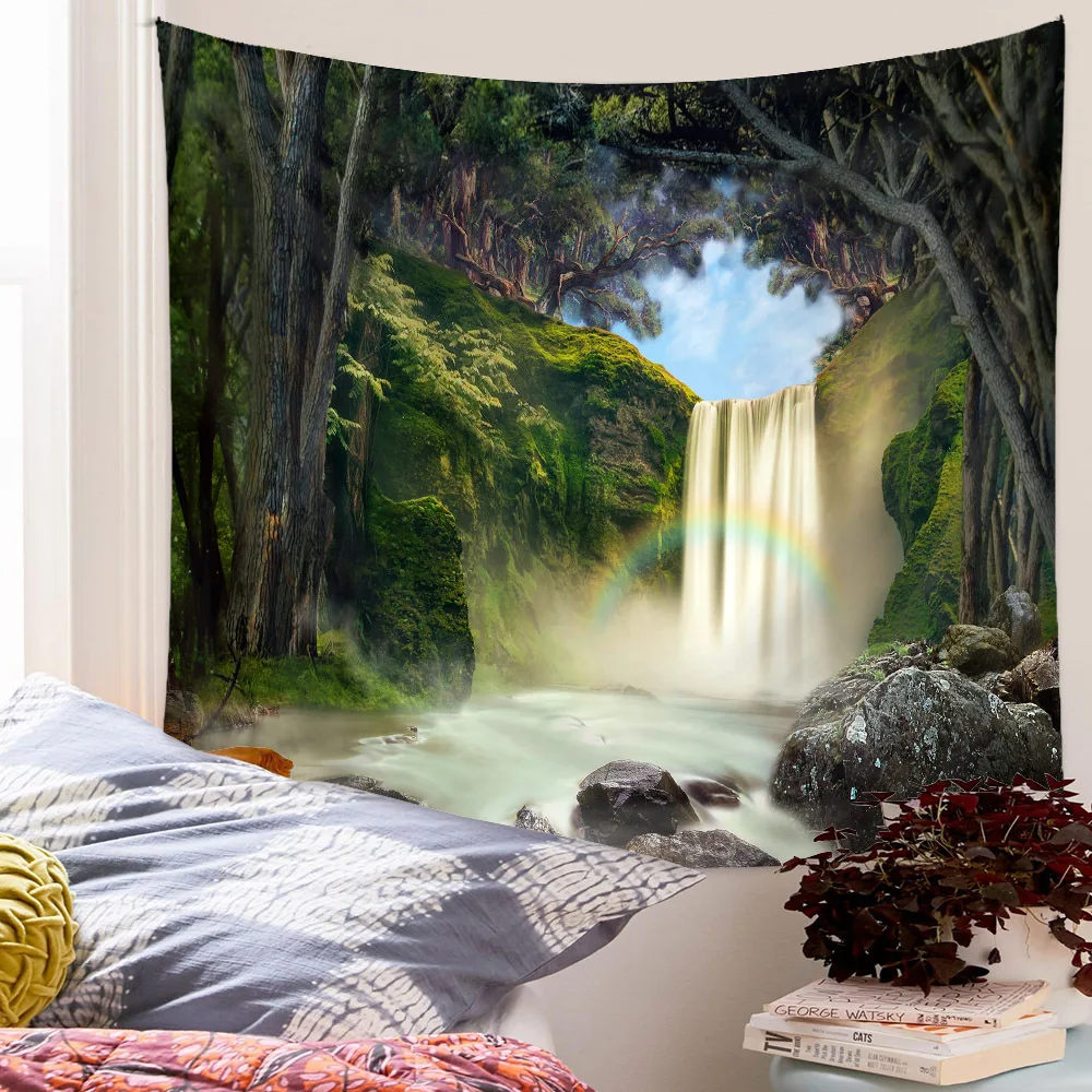 Hippie Boho Wall Tapestry Forest Palm Tree Waterfall Nature Art Tapiz