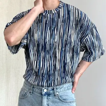 

Men's T Shirt 2020 Summer new slim pure color blue stripe print half sleeve T shirt relaxed leisure personality youth men's wear