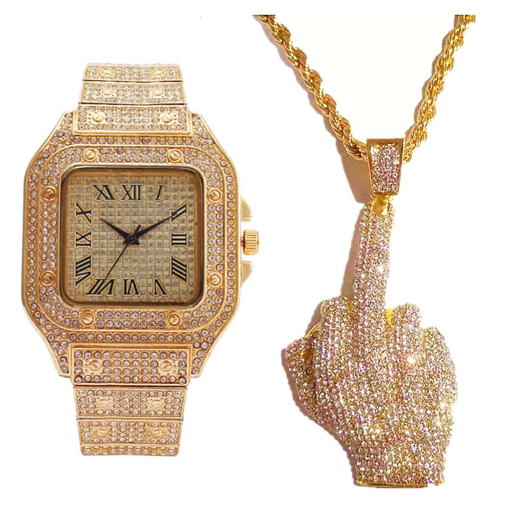 Iced Out Watch Necklace for Men Luxury Diamond Gold Square Watch Men Bling Hip Hop Jewelry Middle Finger Pendant Chains Relogio