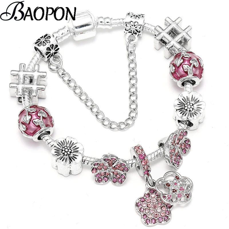BAOPON посеребренный браслет с подвесками и для женщин искусственными бусинами