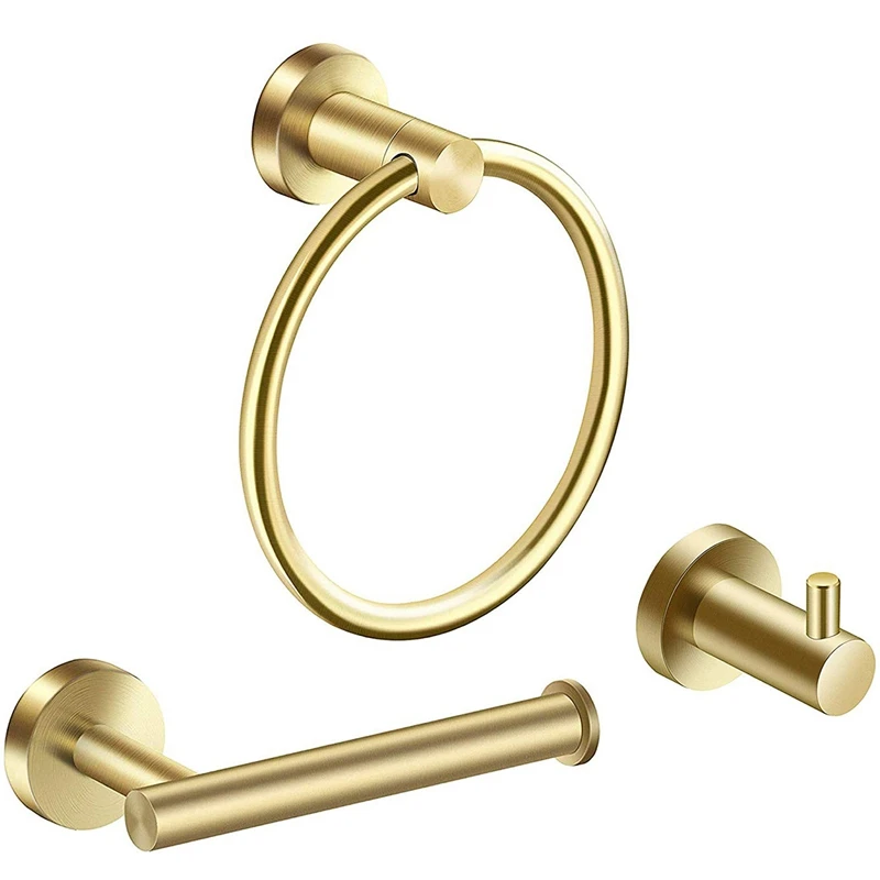 

Bathroom Hardware Accessories Set 3-Piece Gold Brushed Bathroom Hardware Sets Modern Towel Ring Robe Hook Hanger Toilet Paper Ho