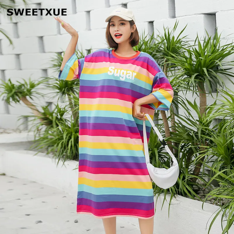SWEETXUE хлопковое простое свободное Повседневное платье Летнее красочное Полосатое с буквенным принтом прямое похудение футболка миди платье