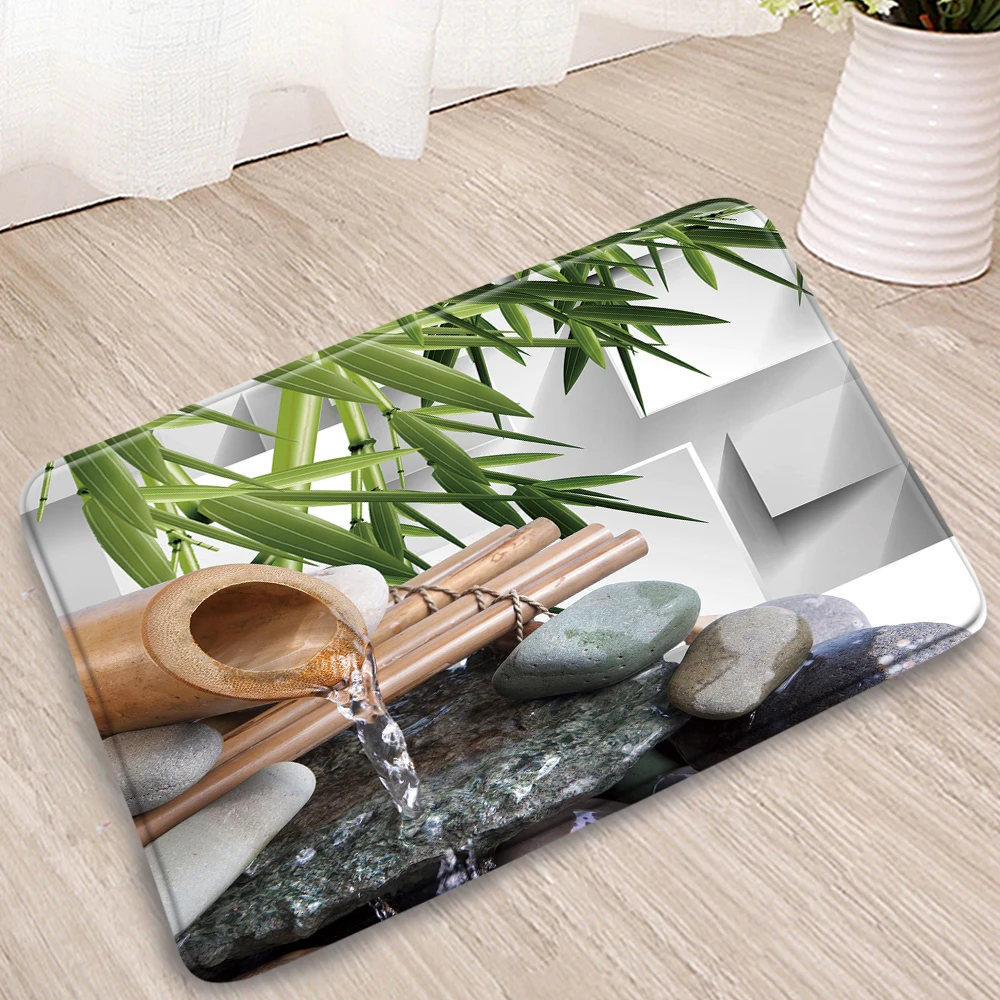Zen Bath Mat Set Spa Landscape Rocks Flower Green Plants Bamboo Leaves Low  Pile Flannel Bath