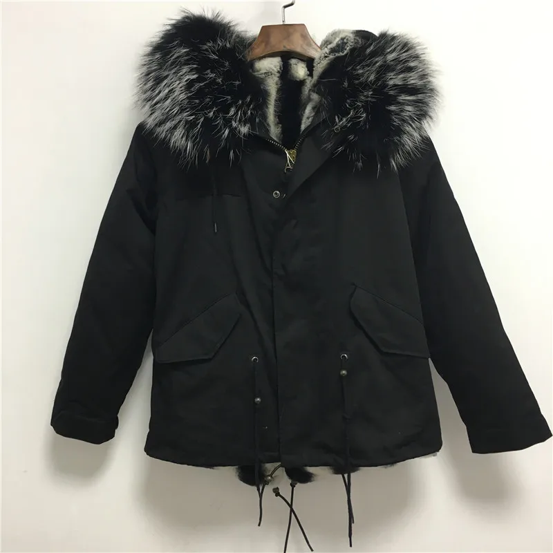 down coats & jackets 2019 New Black And White Fur Collar Short Parka Winter Beautiful Real Rex Rabbit Fur Lining Casual Genuine Leather Coat long down puffer coat Coats & Jackets