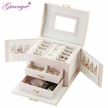 Guanya ювелирный ящик большой емкости кожаный ящик для хранения ювелирных изделий серьги, кольцо, ожерелье с зеркалом часы ювелирные изделия Органайзер