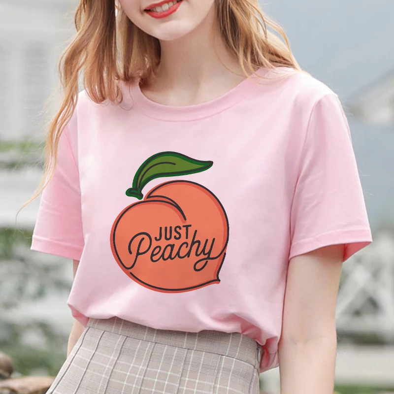 Summer New Pink Fashion Korean Style Women's Japanese Peach Juice Drink Print Harajuku Vogue Casual Loose Kawaii Female T Shirt