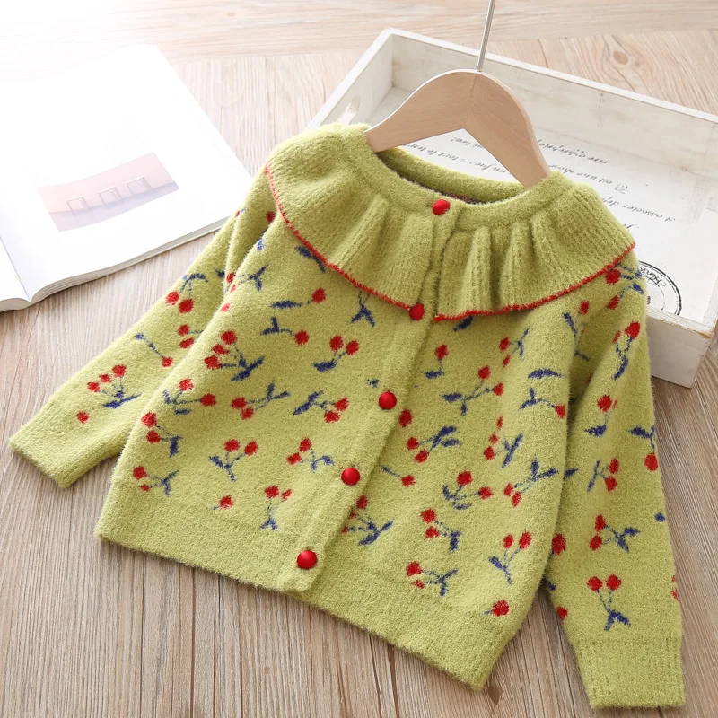 Humor Bear/Новинка г.; свитера для маленьких девочек; осенне-зимний свитер; пальто в Корейском стиле с кружевным воротником; Вишневый кардиган; свитера для девочек - Цвет: green