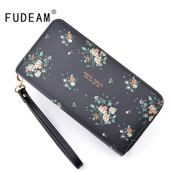 

FUDEAM Fashion Flowers Print Long Women's Leather Wallet Purses Card Holder Wallet Portable Zipper Coin Purses Female Money Bag