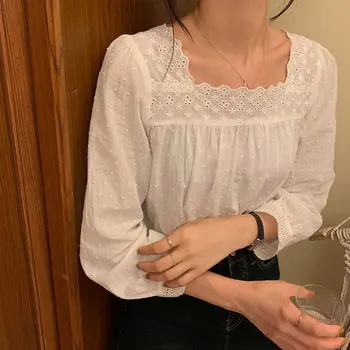 

New Office Lady Elegant Vintage Lace Shirt Female Square Collar Women Blouse Long Sleeve Cotton Shirts Harajuku Tops Cute Blouse