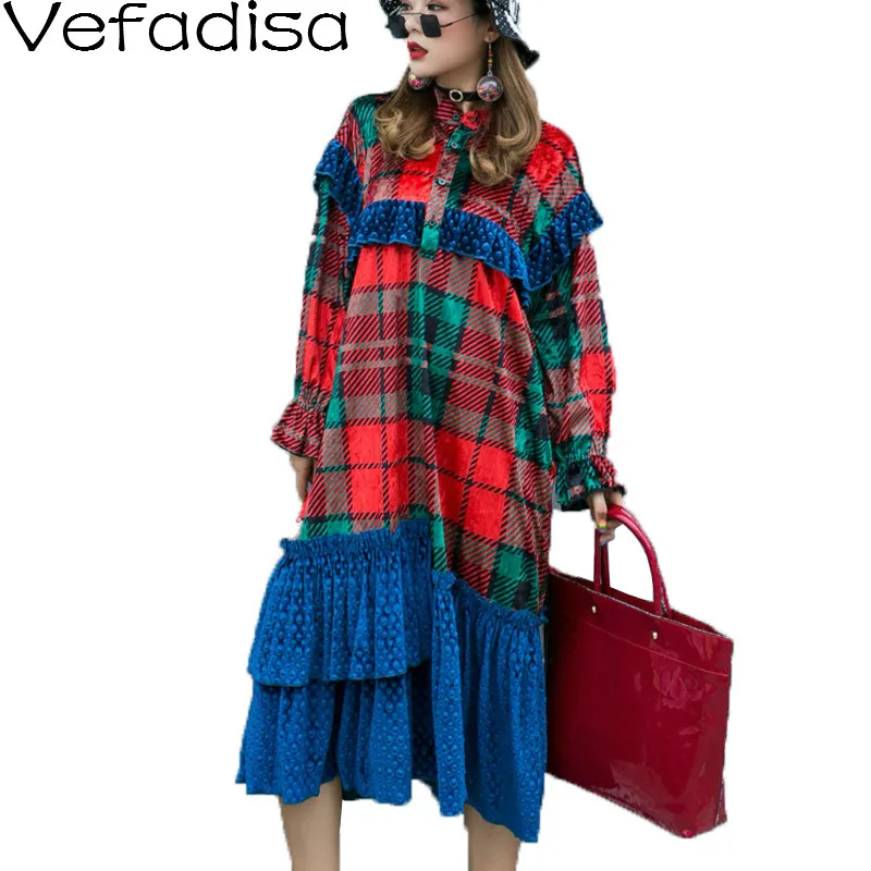 

Vefadisa Autumn Cotton Casual Pencil Dress Plaid Stand Collar Long Sleeve Dress Ruffles Patchwork Long Dress Woman 2019 QYF521