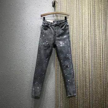 

European Style Jeans Women 2020 Spring New Hot Drilling Jeans Women's Gradient Colored Ripped Fur Trim Slim-Fit Pencil Pants