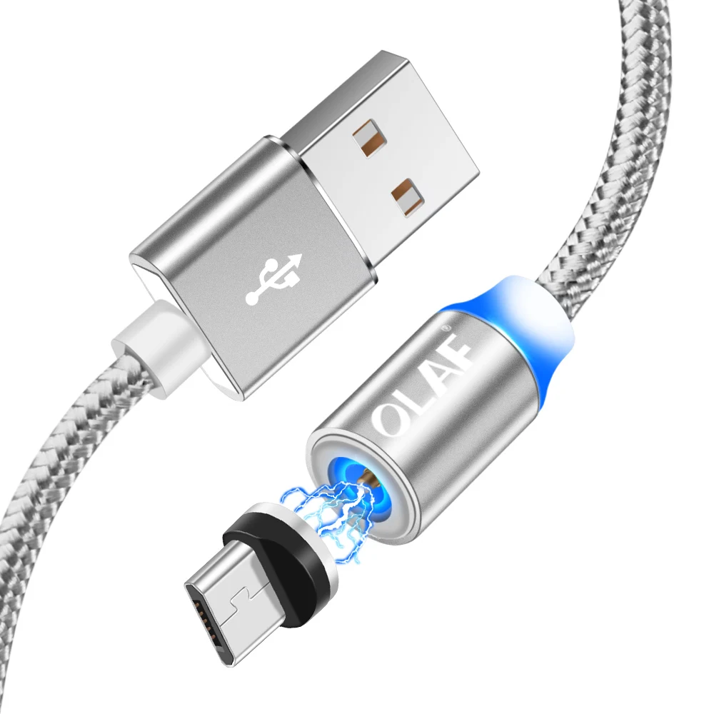 Магнитный кабель 1 м Плетеный мобильный светодиодный кабель type C Магнит Micro USB кабель для зарядки iPhone X XS max 7 8 10 samsung Xiaomi Apple - Цвет: Silver