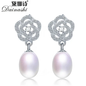 

Dainashi 100% Genuine Natural Freshwater Oval Pearl Drop Earrings Fashion 925 Sterling Silver Zircon Flower Earrings for Women