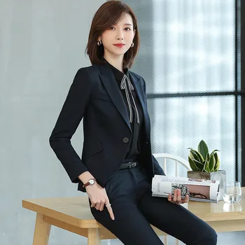 

Black 2 suit set women office suits for lady 2020 spring new fashion female clothing Long sleeve pant suits for women Notched