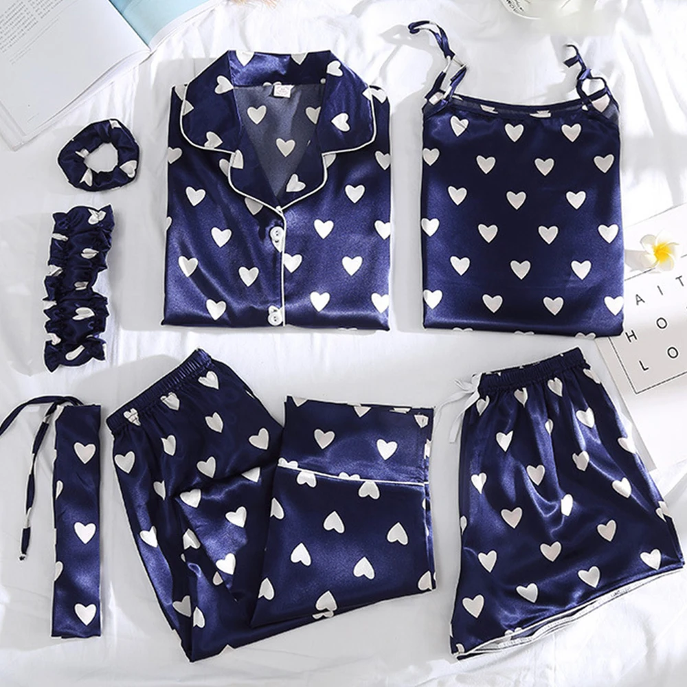 

Women pajamas Silk pajamas for women 7 Pieces sleepwear Winter Sexy pajamas women Soft Sweet Cute Nightwear pajama set Satin