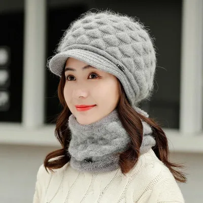 Двухслойный дизайн зимние шапки для женщин теплая кроличья Меховая кепка вязаная шапка шарф шапочки береты НОВАЯ шапка s - Цвет: gray