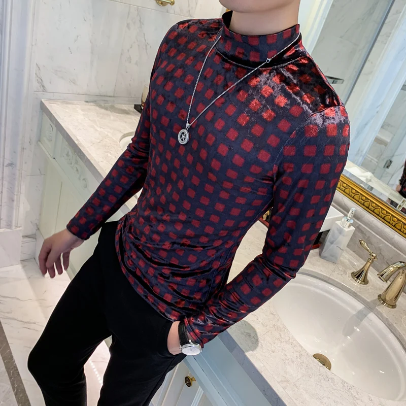 Клетчатые футболки с длинными рукавами с принтом модные дизайнерские Camisetas Hombre Новые популярные бархатные футболки мужские футболки облегающие Клубные наряды