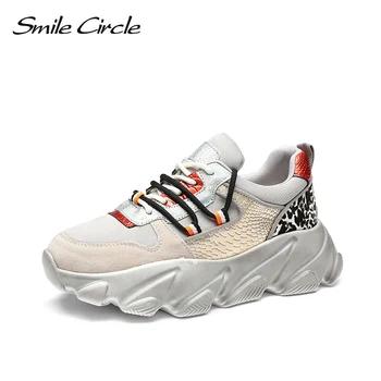 

Smile Circle Flat Platform Shoes Women Chunky Sneaker Thick bottom Lace-up Casual Breathable Ladies shoes 2019