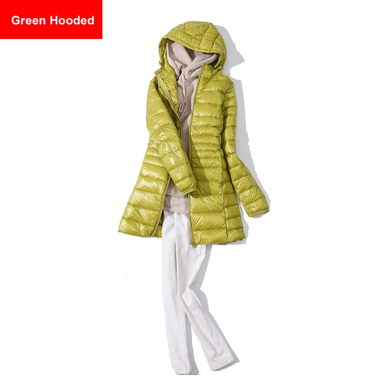 Green Hooded Зимние куртки размера плюс, женские куртки с капюшоном на утином пуху, 5XL, 6XL, 7XL, средней длины, ультра-светильник, пуховая куртка с капюшоном, Осенние парки - Цвет: Green Hooded