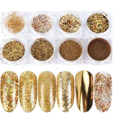 8 коробок зеркальные Блестки для ногтей смешанные размеры шестигранные голографические блестки маникюрные украшения для ногтей LA1506-07-1