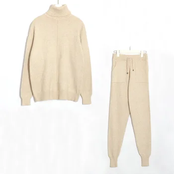 

Wixra 2019 Stylish Knit Suit Womens Casual Solid Two Piece Sets Turtleneck Mid Line Sweater+Pant Tracksuit Female Suits