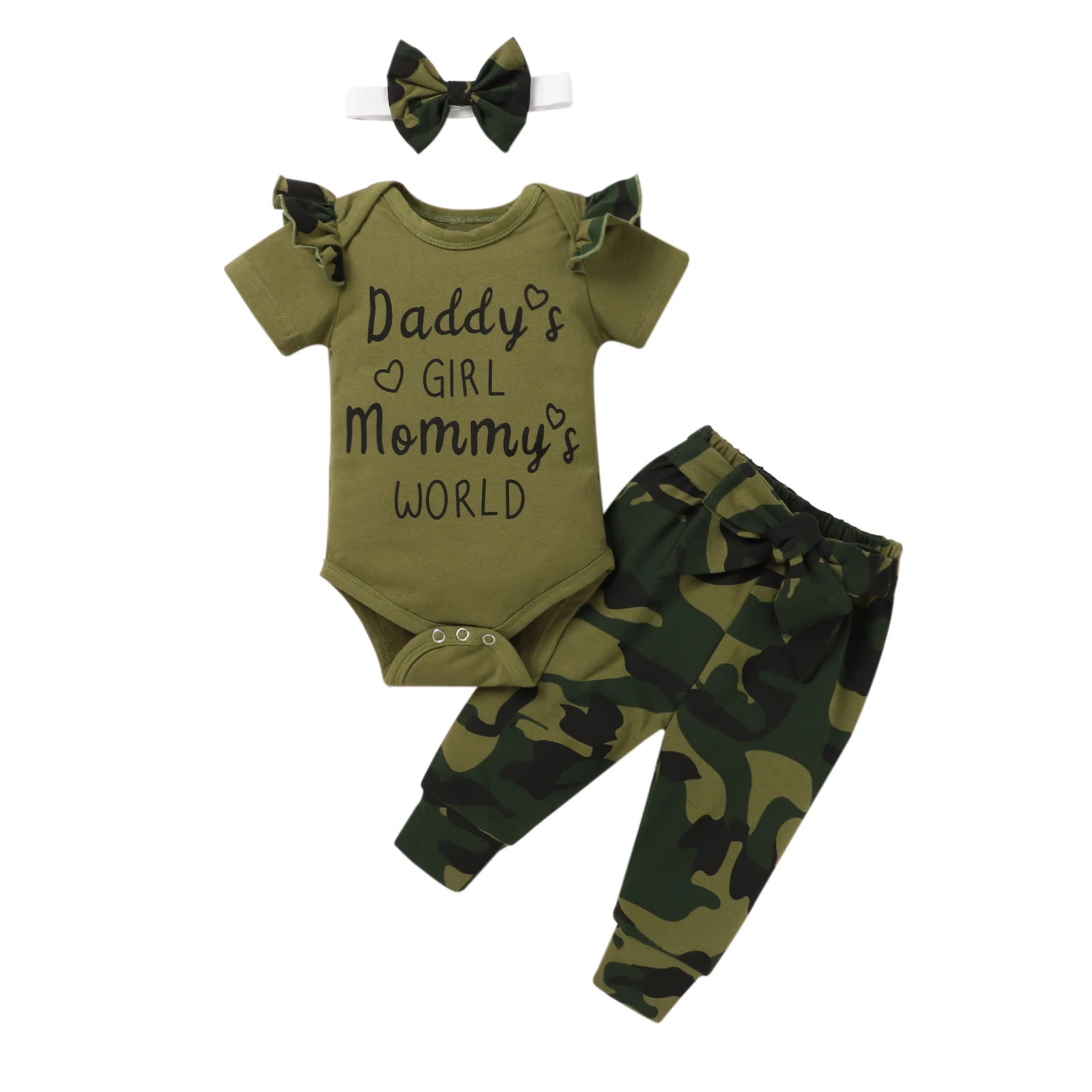 baby clothes penguin set 3 Pieces Kids Suit Set, Letter Print O-Neck Short Sleeve Romper+ Camouflage Print Pants+ Headband for Girls, 3-12 Months baby clothes set gift