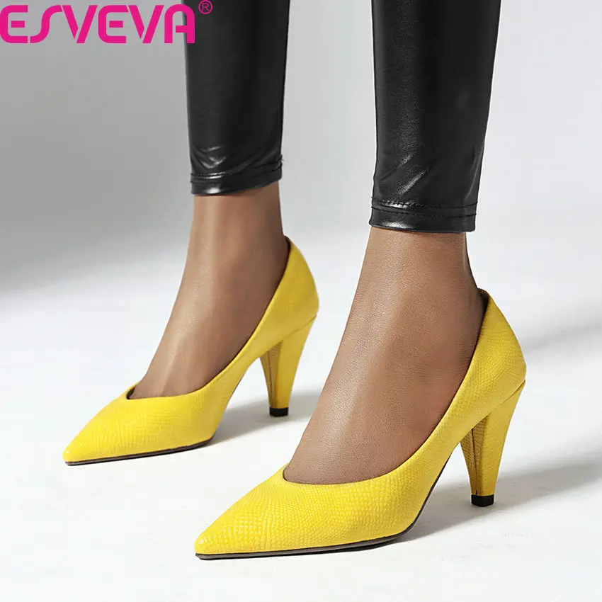 

ESVEVA 2020 Square Heel Fashion Shallow Spring Women Single Shoes PU Leather Slip on Sexy Pointed Toe Women Pumps Big Size 34-43