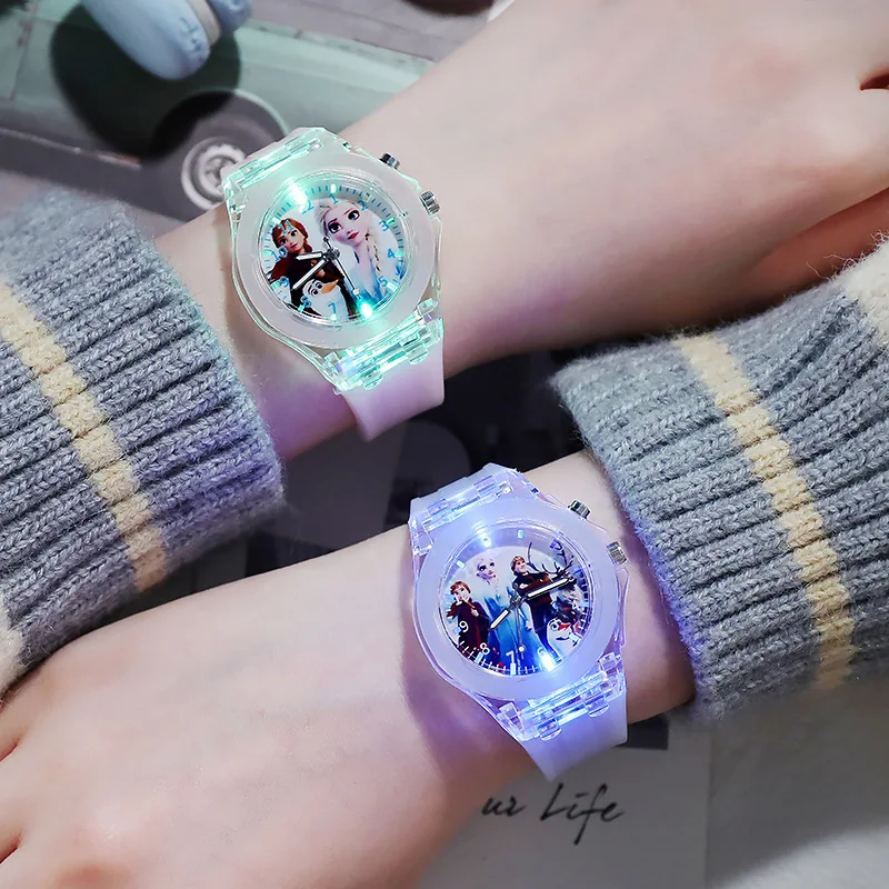 Disney Girls Kids Watches Children Watch Frozen Princess Aisha Sophia Luminous Student Colorful LED Light Women Lady Clock