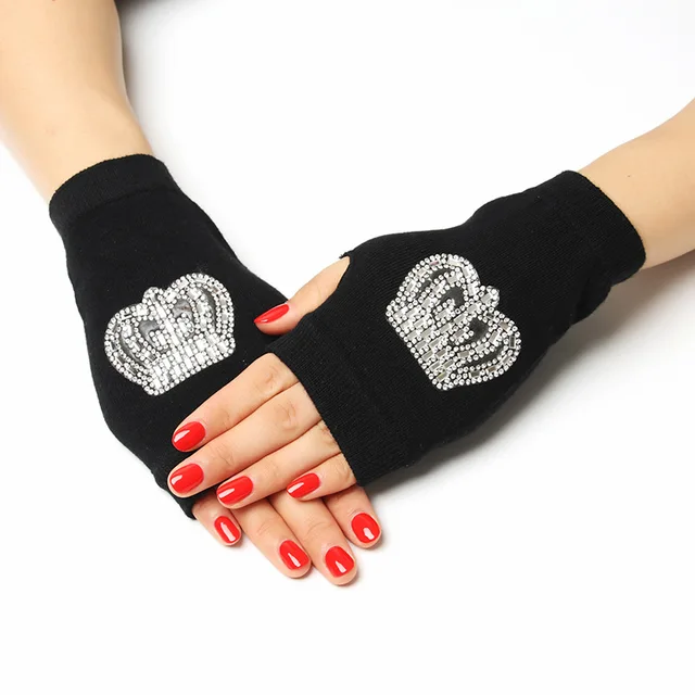 Sailor dance gloves Rivet wool gloves spring and autumn black half-finger gloves show gloves crown-A