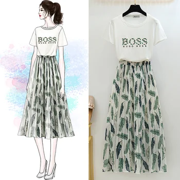 

Print Chiffon Mid-Calf Pleated Skirt Women Cloth Summer 2020 Letter Casual Swing Long Dress