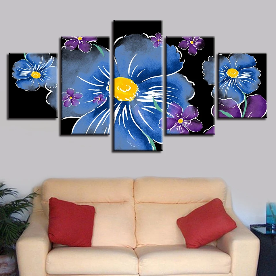Картины холст модульная Wall Art 5 шт. синий и фиолетовый цветы фотографии украшения