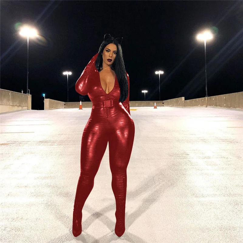 Red Black PU Leather Jumpsuit Front Zipper Sexy V Neck Erotic Spandex Skinny Romper with Belt Night Club Overalls Latex Costumes
