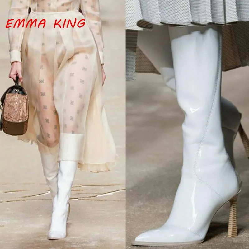 

2020 Runaway Patent Leather Strange High Heels Boots For Women Pointed Toe Back Zipper Knight Boots Fashion Knee High Long Boots