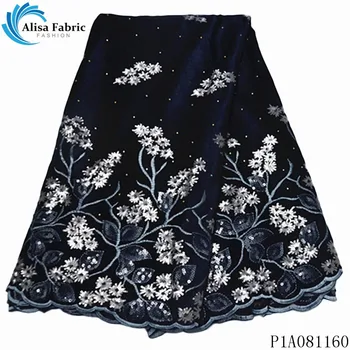 

Alisa navy blue african velvet sequins lace fabric 2020 embroidered french laces nigerian fabrics 5 yards/piece for dress,sewing