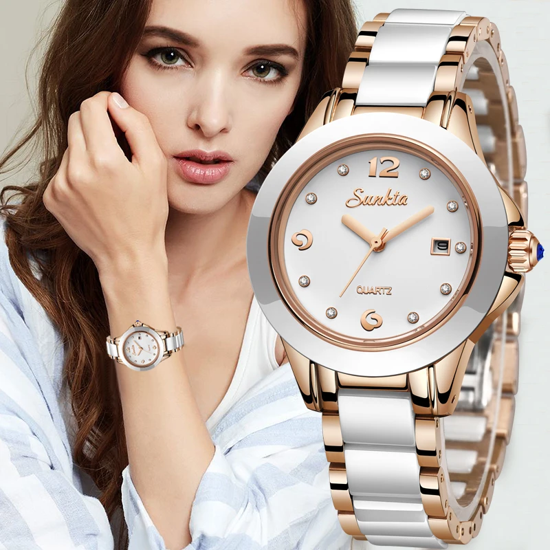 

SUNKTA 2019 New Fashion Ceramics Women Watches Rose Gold Ladies Bracelet Watches Waterproof Quartz Watches For Women Reloj Mujer