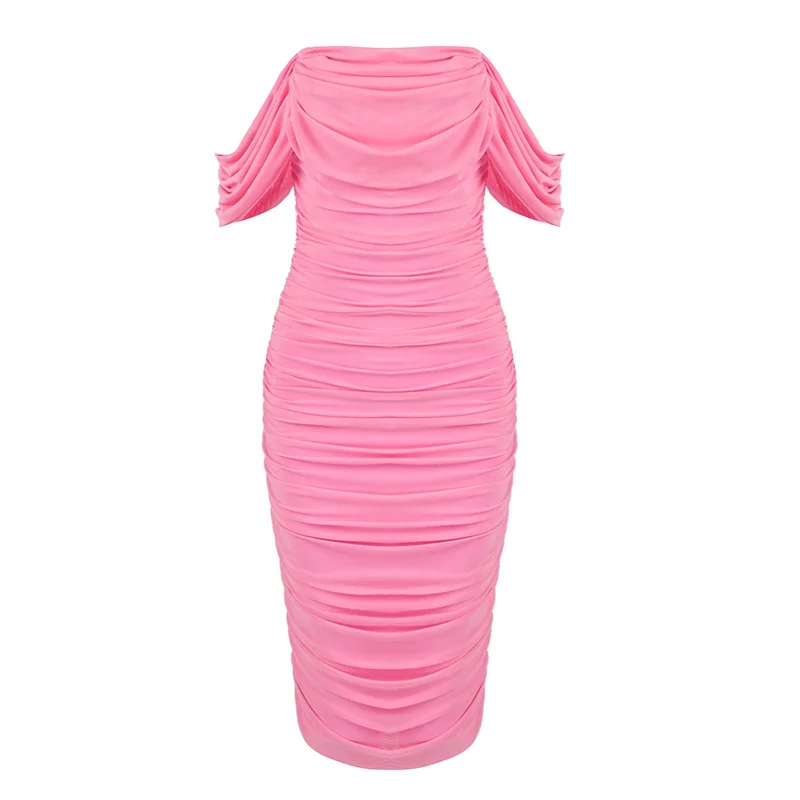 Высокое качество для знаменитостей белое кружевное с открытыми плечами вискозное Бандажное платье вечернее платье - Цвет: Розовый
