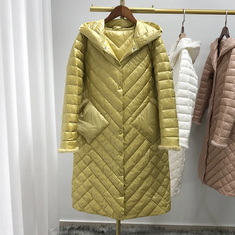 

Winter Ultra Light Hooded 90% White Duck Down Parka Women Patchwork Mink Hair Down Jacket Single Breasted Loose Outwear