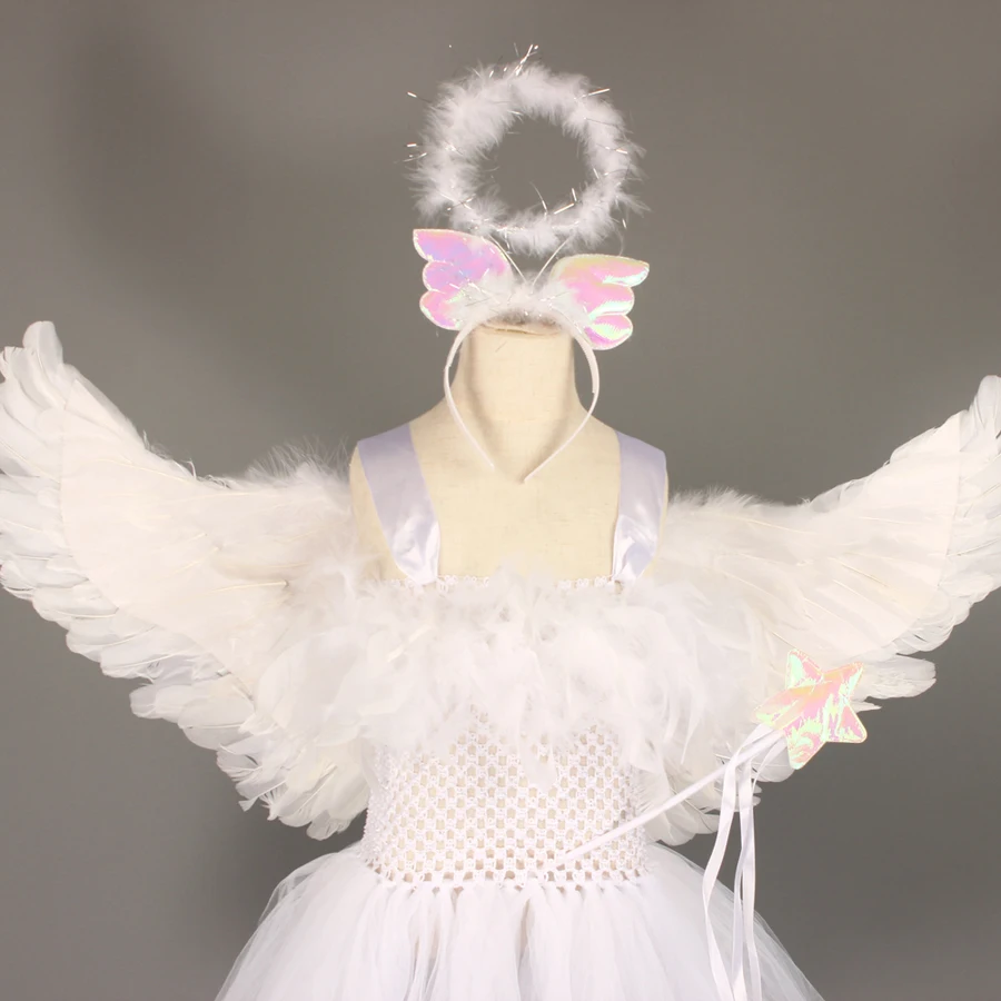 White Angel Girls Feather Tutu Dress Kids Halloween Birthday Party Costume Girl Christmas Nativity Dress with Wings Halo Outfit (3)