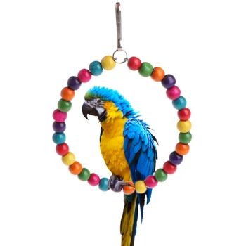 

Wooden Birds Parrots Toys Stand Holder Hanging Swing Rings With Colorful Balls