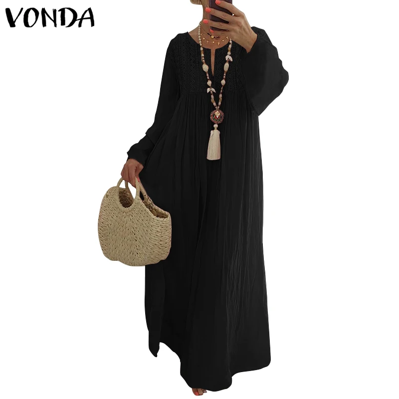 VONDA Plus Size Dress Women Sundress Casual Loose Vintage Long Sleeve Party Long Dress Bohemian Vestidos Female Cotton Robe