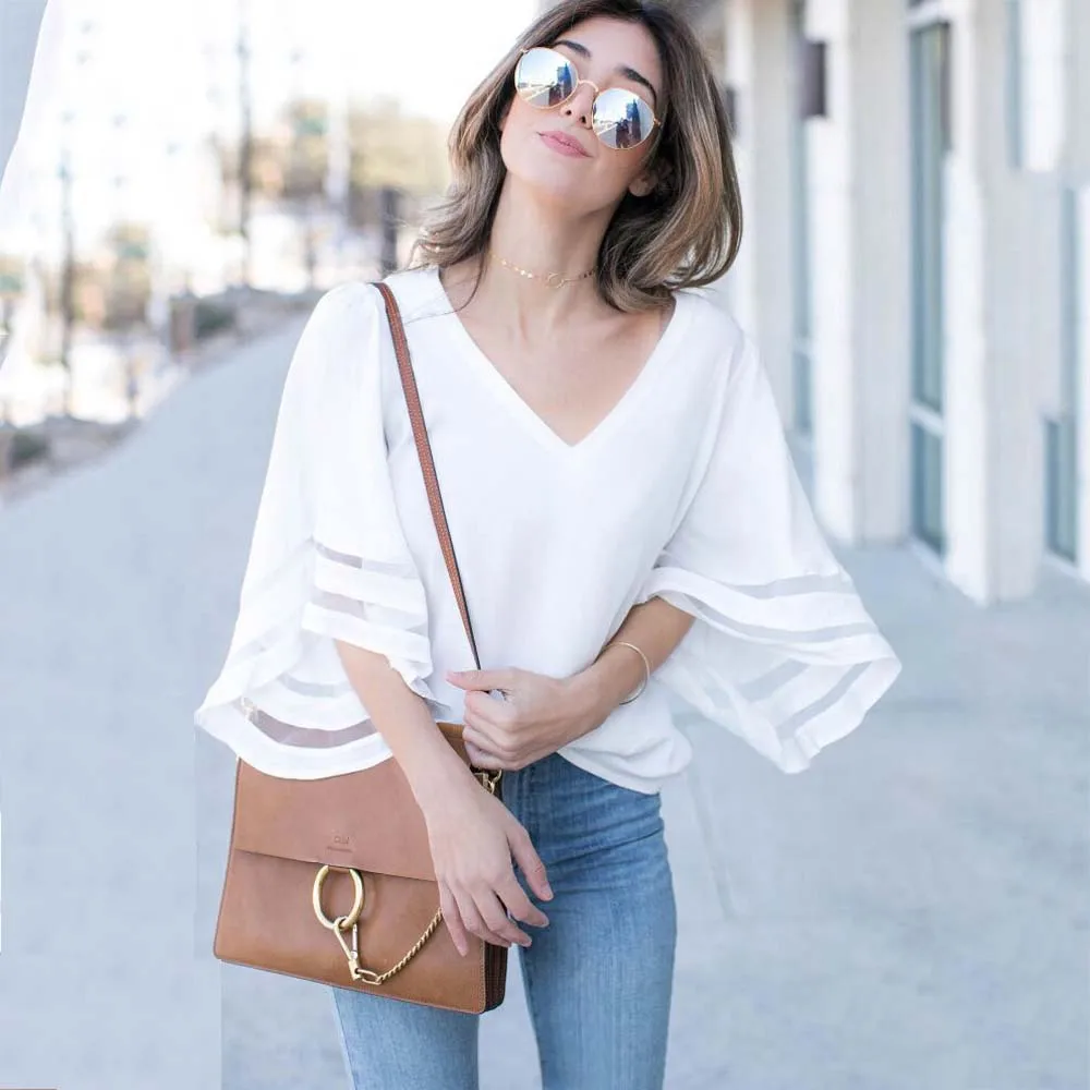 Шифоновая Блузка с рукавом летучая мышь сексуальная однотонная блузка v-образным