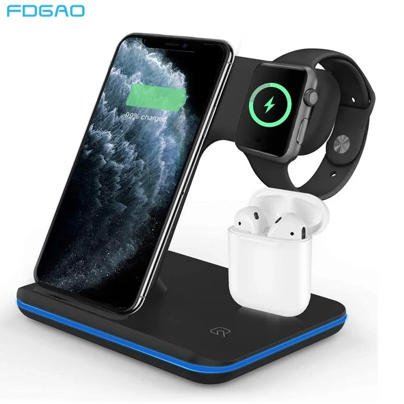 FDGAO 15W 3 in 1 Qi Wireless Charger Stand for iPhone 12 11 XS XR X 8 AirPods Pro Charging Dock Station For Apple Watch 6 5 4 3