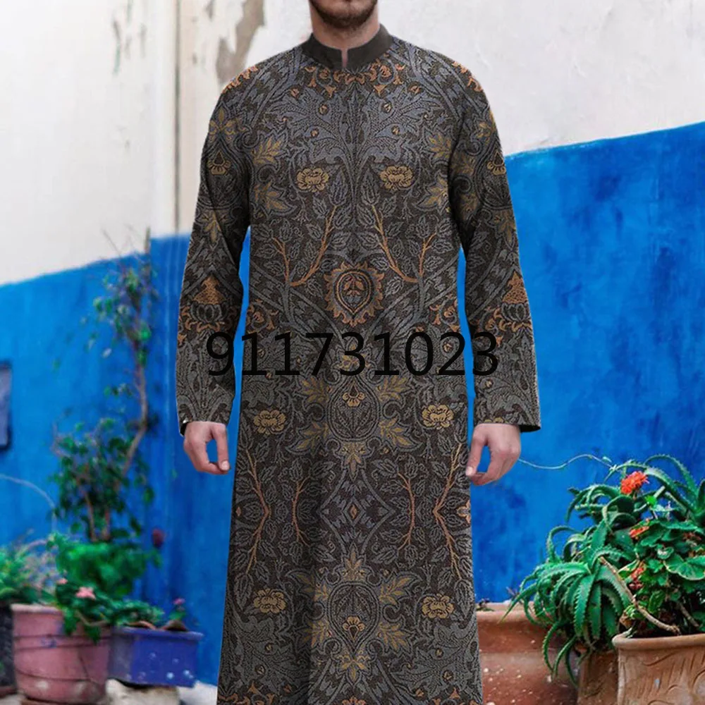 

Abaya Man Muslim Fashion Arabic Men Clothes 2023 Jubba Thobe Kaftan Dress Stand Collar Gold Print Modest Islamic Clothing Male