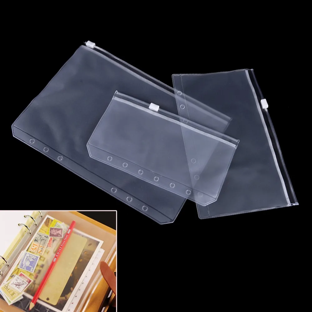 Transparent-PVC-6-Holes-A5-A6-A7-Filing-Card-Storage-Bag-Self-Sealing-Bag-Loose-Leaf.jpg Átlátszó Pvc 6 Lyukak A5/A6/A7 Idénykártya Tároló Táska Önzáró Laza Levél Tasak Cipzár - Image 2