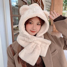 

Fashion Winter Women Novelty Beanies Caps Warm Cute Bear Ear Hat Casual Plush Hat Scarf Set Casual Solid Women Caps Present
