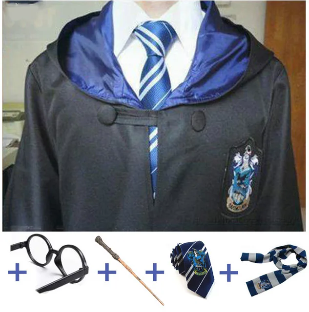 Ravenclaw full set2 Косплэй костюмы робы накидка с шарфом палочка очки Гриффиндор равенклав, хуфлепуф, накидка факультета Слизерин Гарри Поттера костюм - Цвет: Ravenclaw full set2